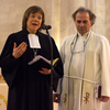 Präses Annette Kurschus predigt mit Sani Ibrahim Azar. Foto: Danae Hudson/ELCJHL