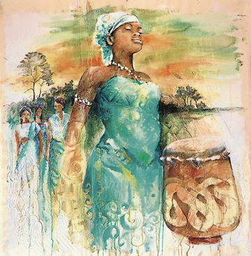 Titelbild zum Weltgebetstag 2018. Bild: "Gran tangi gi Mama Aisa (In gratitude to mother Earth)", Sri Irodikromo, © Weltgebetstag der Frauen – Deutsches Komitee e.V. 