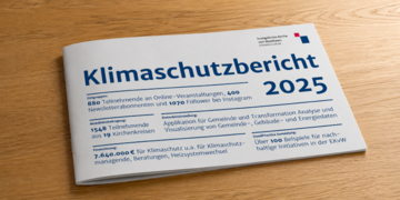 Klimaschutzbericht. Quelle: Klimabüro der EKvW Der Klimaschutzbericht liegt als Broschüre auf einem Tisch.