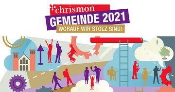 Grafik mit Text: Chrismon Gemeinde 2021 - Worauf wir stolz sind!